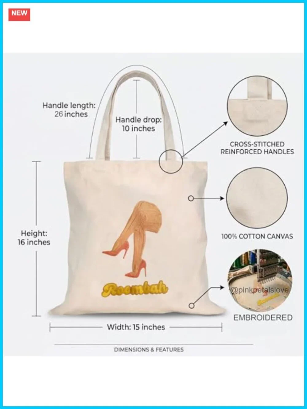 100% Cotton Canvas Tote - Reusable Grocery Shopping Bag with Embroidered Details